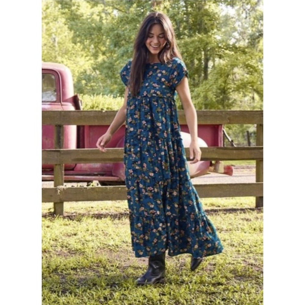 Natural Life Berkley Corduroy Maxi Dress Small Teal Ditsy Floral Tiered Boho